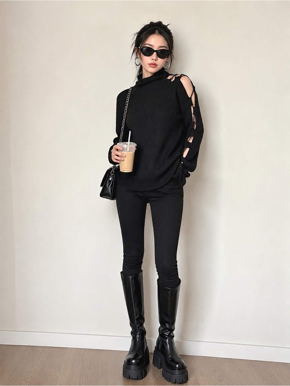 Women’s Black Cutout Turtleneck Sweater – Lace-Up Open Sleeve Knit Top